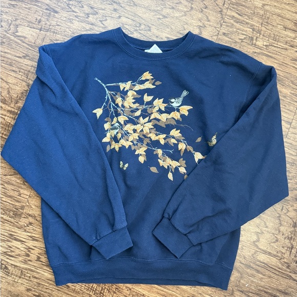 Jerzees Tops - VINTAGE JERZEES Sweatshirt Birds on a Branch Navy Blue Floral Lounge Crewneck L